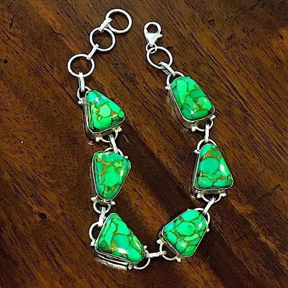 Mohave Lime Green Copper Infused Turquoise and Sterling Silver 925 Bracelet - Picture 6 of 16